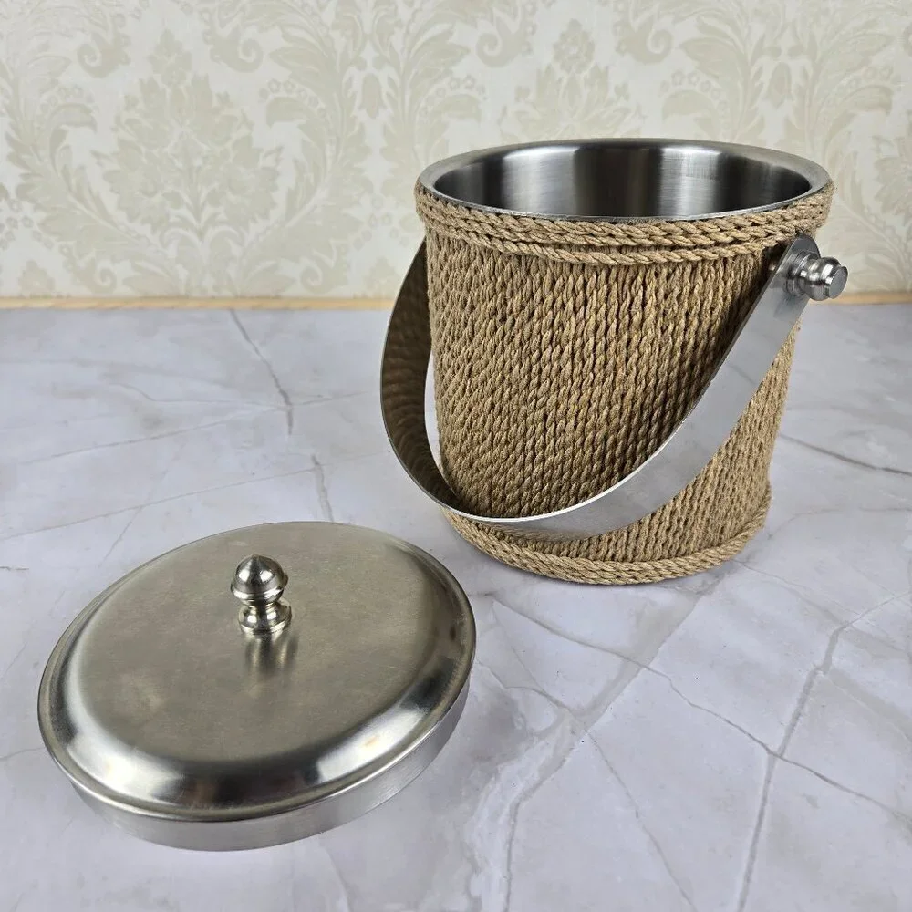 Round Tray and Ice Bucket w/ Tongs Aluminum Rope Covered Serving Set Decor